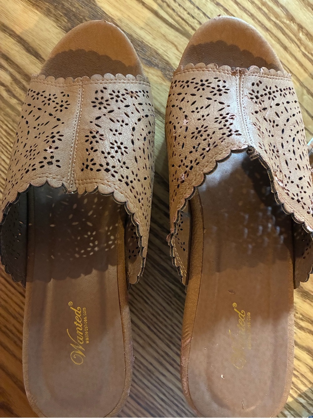 Wanted Tan Laser-Cut Scallop Slide Mules